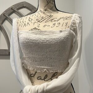 Sheer Long Sleeve Crop Top White Smocked Body And Bottom of Sleeves Size Large